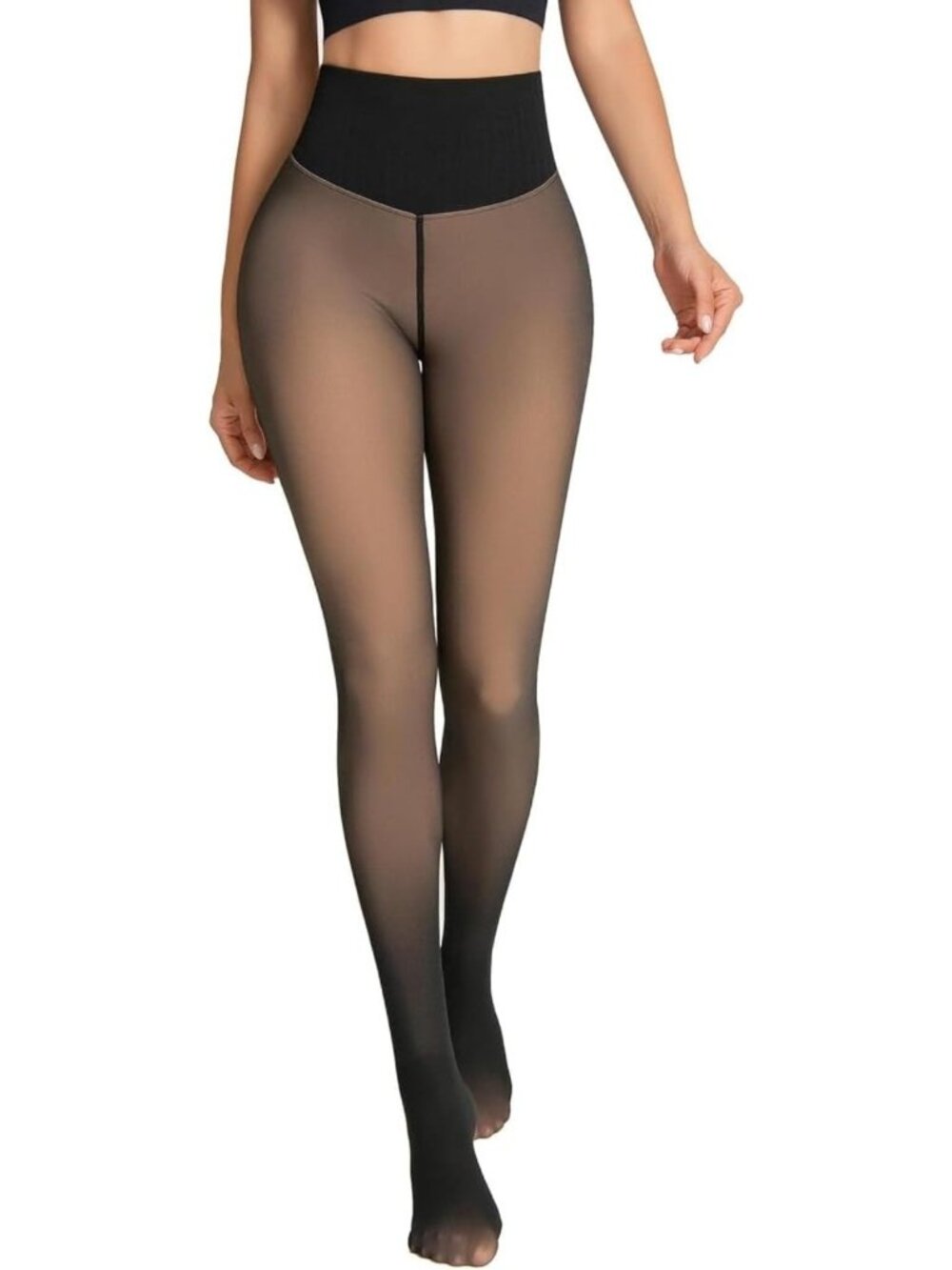 Fleece Lined Thermal Tights - Sheer One-Seam Leggings with Tummy Control & Lift